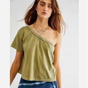 We The Free Small Aubrey One Shoulder Crop Top Olive Green Cotton Short Sleeves